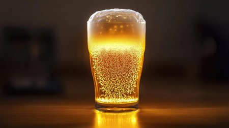 A beautifully illuminated glass of beer with a thick, white foam head.の素材