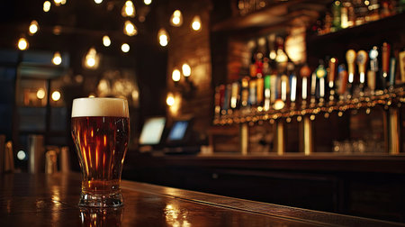 A beautifully lit bar with a row of beer taps and a glass of beer in the foreground.の素材