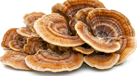 A bunch of fresh turkey tail mushrooms, highlighting their wavy edges against a white background.の素材