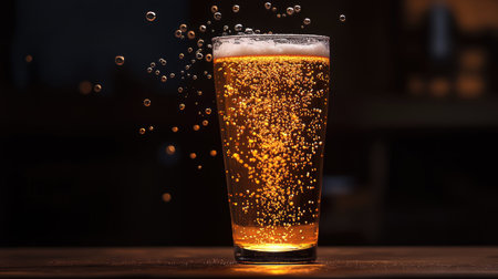 A beautifully illuminated glass of light beer with bubbles rising.の素材
