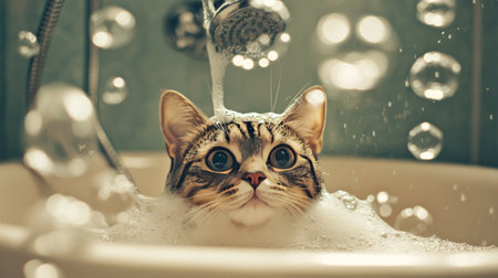 A cat in a bathtub with soapy bubbles and water running from a showerhead. -の素材