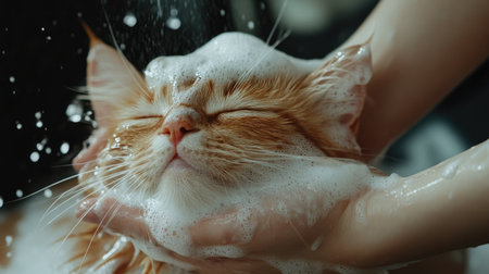 A cat being gently washed by a person, with shampoo lathered on its fur.の素材