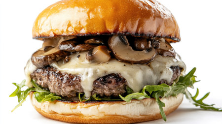A decadent burger with melted cheese and truffle mushrooms, showcased on a white background. --の素材