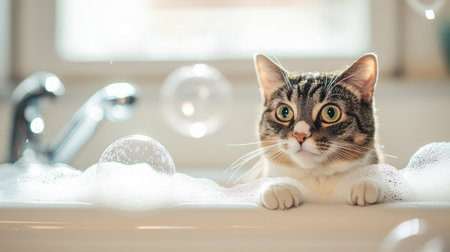 A cat sitting in a bathtub with soapy bubbles and a content expression.の素材
