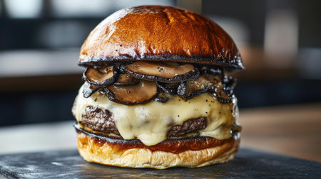 A decadent burger with melted cheese and truffle mushrooms, showcasing delicious layers.の素材