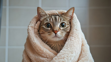 A cat wrapped in a fluffy towel after a shower, with a serene expression.の素材