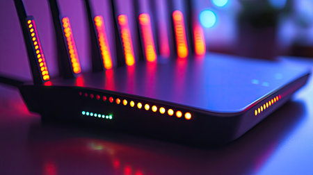 A close-up of a router with glowing signal indicators, representing strong wireless connectivity.の素材