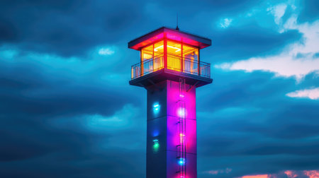 A close-up of a signal tower illuminated with vibrant colors, standing tall in the evening.の素材