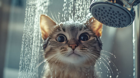 A cat being bathed with a handheld showerhead, looking curious and calm.の素材