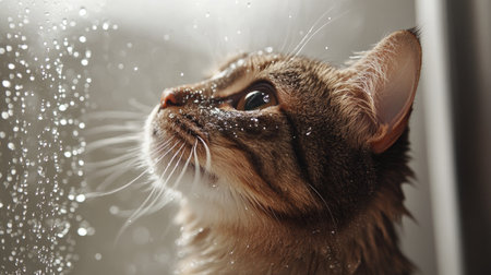 A cat standing in a shower with water droplets on its whiskers.の素材