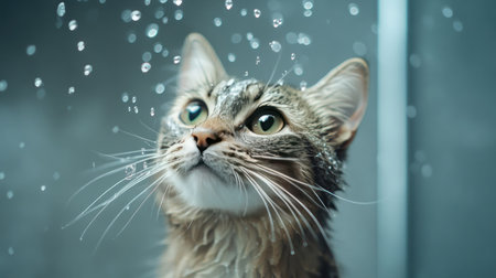 A cat standing in a shower with water droplets on its whiskers.の素材