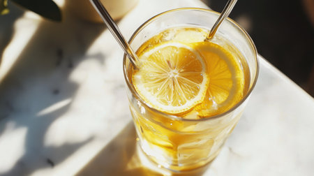 A close-up shot of honey lemon juice with a metal straw and lemon slice, set on a white ca table.の素材