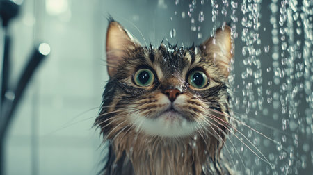 A cat in a shower with water running over its fur, eyes wide open.の素材