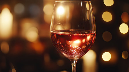 A close-up shot of a glass of wine with light shining through the liquid.の素材