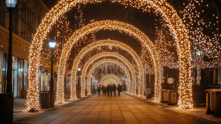 A festive street with arches of lights creating a tunnel effect.の素材