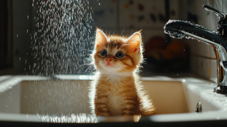 A kitten sitting in a sink with a handheld shower spraying water.の素材
