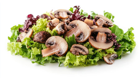 A gourmet salad with truffle mushrooms, mixed greens, and a light vinaigrette, isolated on a white background. --の素材
