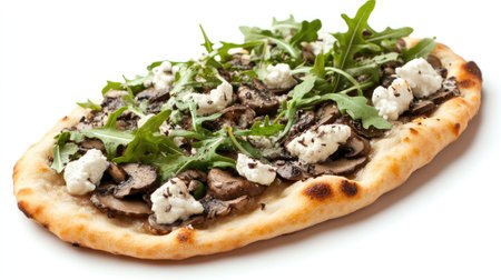A gourmet flatbread topped with truffle mushrooms, goat cheese, and arugula, isolated on white.の素材