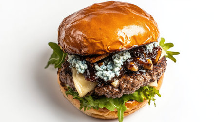 A delectable truffle burger with blue cheese and fig jam, shot from above on a white background.の素材