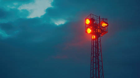 A close-up of a signal tower illuminated with vibrant colors, standing tall in the evening.の素材