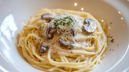 A decadent pasta dish with truffle mushrooms, cream sauce, and grated cheese.の素材