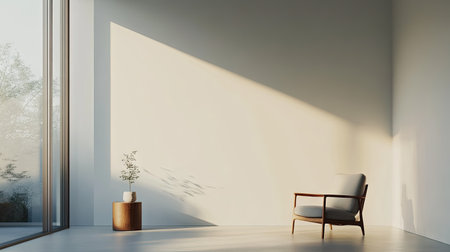 A minimalist living space with a large window, a single chair, and a small side table.の素材