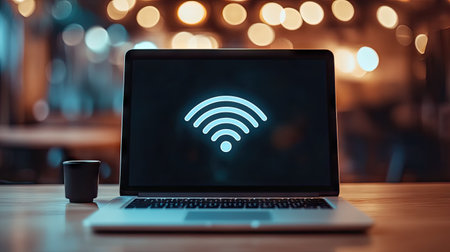 A laptop on a desk showing a wireless network connection icon in the corner of the screen.の素材
