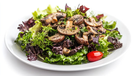 A gourmet salad with truffle mushrooms, mixed greens, and a light vinaigrette, isolated on a white background. --の素材