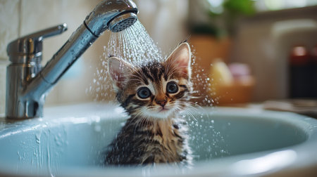 A kitten sitting in a sink with a handheld shower spraying water.の素材