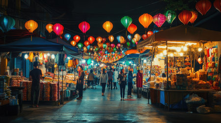 A festive night market with brightly lit stalls and colorful lanterns. -の素材