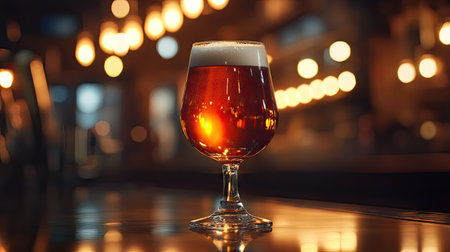 A glass of amber ale glowing under the warm lights of a bar, with a blurred background. -の素材