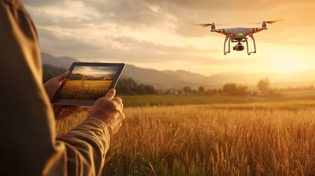 A drone flying over a landscape, controlled wirelessly from a tablet.の素材