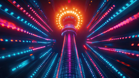 A futuristic signal tower with multi-colored lights, symbolizing advanced technology.の素材