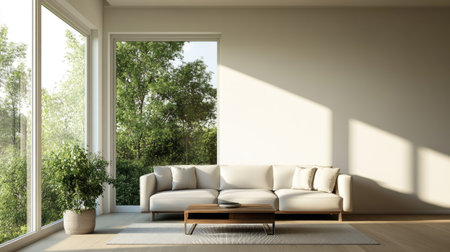 A minimalist living room with a single couch, a coffee table, and a large window providing natural light.の素材