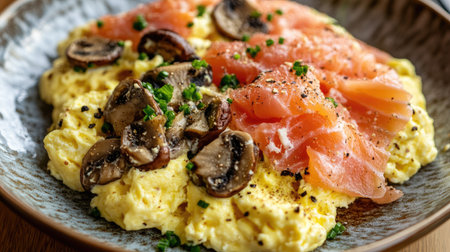 A gourmet brunch dish with truffle mushrooms on scrambled eggs and smoked salmon.の素材
