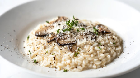 A luxurious plate of truffle mushroom risotto, garnished with parmesan and herbs, with a white background.の素材