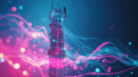 A network tower with signal waves emanating, symbolizing wireless communication infrastructure.の素材