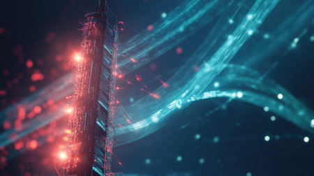 A network tower with signal waves emanating, symbolizing wireless communication infrastructure.の素材