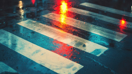 A pedestrian crossing with a traffic light shining through the rain, capturing the moment of stillness.の素材