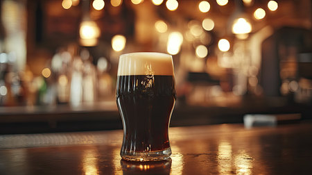 A perfectly poured stout with a creamy head, illuminated by the bar's soft lights.の素材