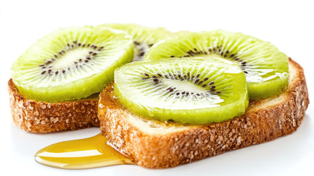 A mouthwatering honey toast with sliced kiwi and a drizzle of honey, isolated on a white background.の素材