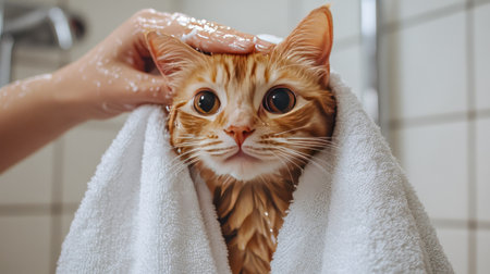 A person drying a cat with a towel after a shower, with the cat looking content.の素材