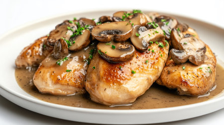 A plate of roasted chicken breast topped with truffle mushrooms and a rich gravy, on a white background. -の素材