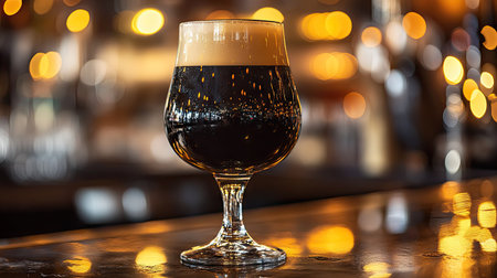 A perfectly poured stout with a creamy head, illuminated by the bar's soft lights.の素材