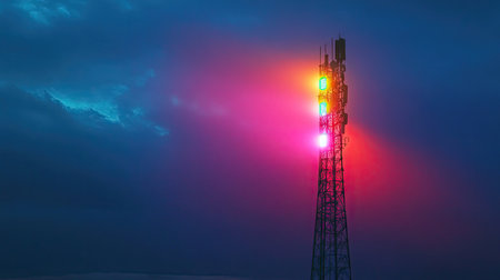 A signal tower with lights creating a rainbow effect, set against a darkening skyの素材