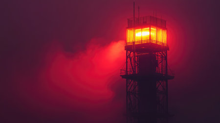 A signal tower bathed in red and orange lights, creating a warm, inviting glow.の素材