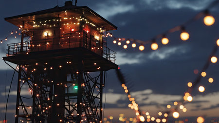 A signal tower with twinkling lights, giving a festive appearance.の素材