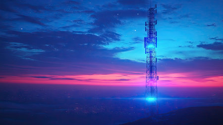 A signal tower glowing with blue lights against a twilight sky, symbolizing connectivity.の素材