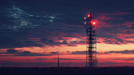 A signal tower with a mix of cool and warm lights, blending harmoniously with the dusk.の素材