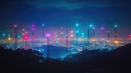 A panoramic view of a city with multiple signal towers lit up in different colors.の素材